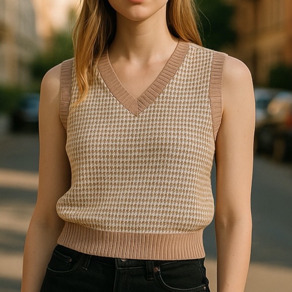 MIXED THREADS Sweater Vest Brown White Houndstooth Light Academia Preppy Women L - Picture 1 of 7